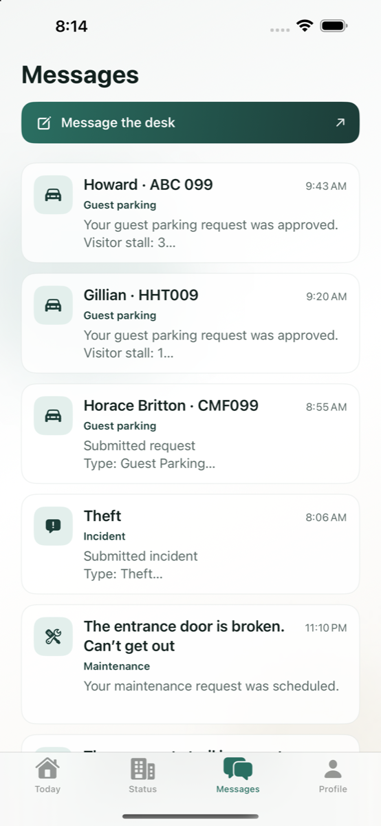 VestaFlo Messages screen with front desk threads