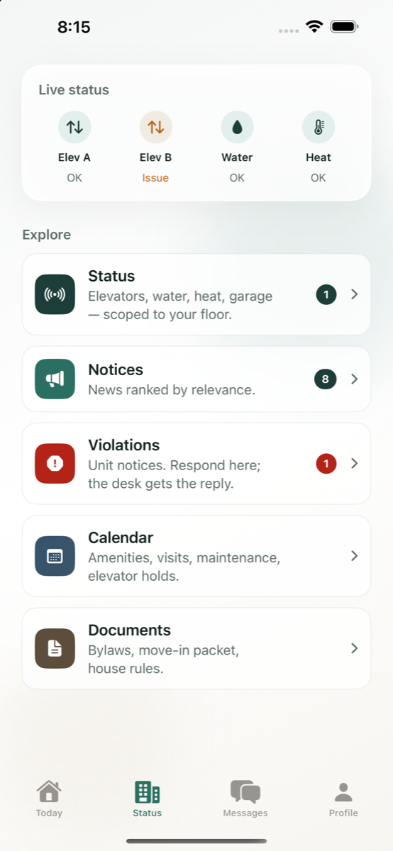 VestaFlo Status screen for elevators, water, and heat
